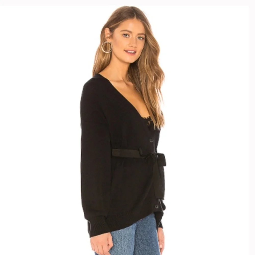 NWT $298 Joie Ferlinka Lace Insert Wrap Sweater Cardigan in Caviar - size XS!